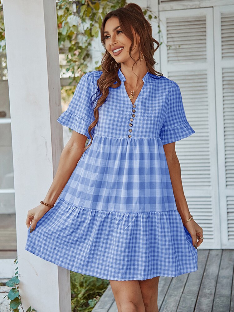Plaid Short Sleeve Loose Ruffle Stitching Beach Dress Mssaz Desses