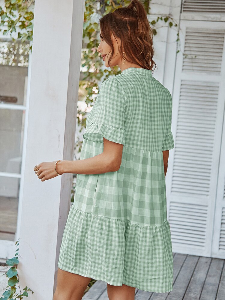 Plaid Short Sleeve Loose Ruffle Stitching Beach Dress Mssaz Desses