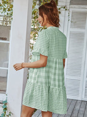 Plaid Short Sleeve Loose Ruffle Stitching Beach Dress Mssaz Desses