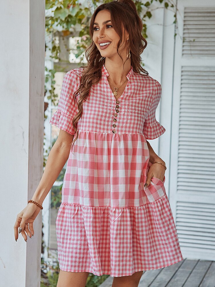 Plaid Short Sleeve Loose Ruffle Stitching Beach Dress Mssaz Desses