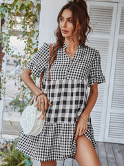 Plaid Short Sleeve Loose Ruffle Stitching Beach Dress Mssaz Desses