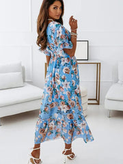 Chiffon Floral Deep V Neck Big Hem Beach Party White Casual Ruffle Long  Midi Dress Mssaz Desses