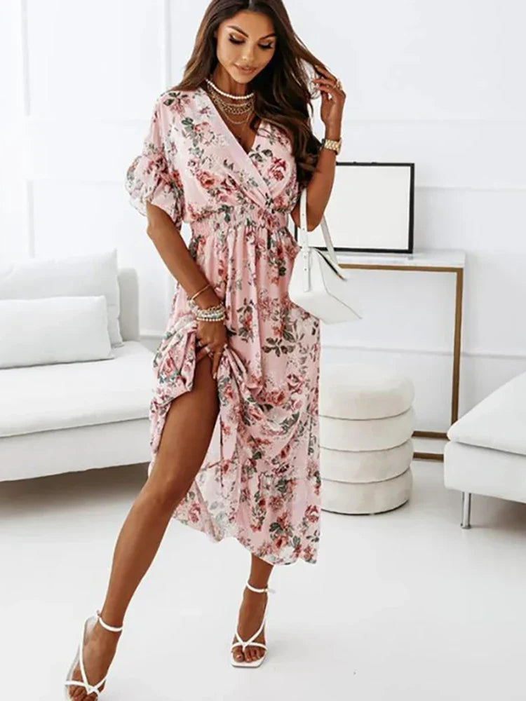Chiffon Floral Deep V Neck Big Hem Beach Party White Casual Ruffle Long  Midi Dress Mssaz Desses