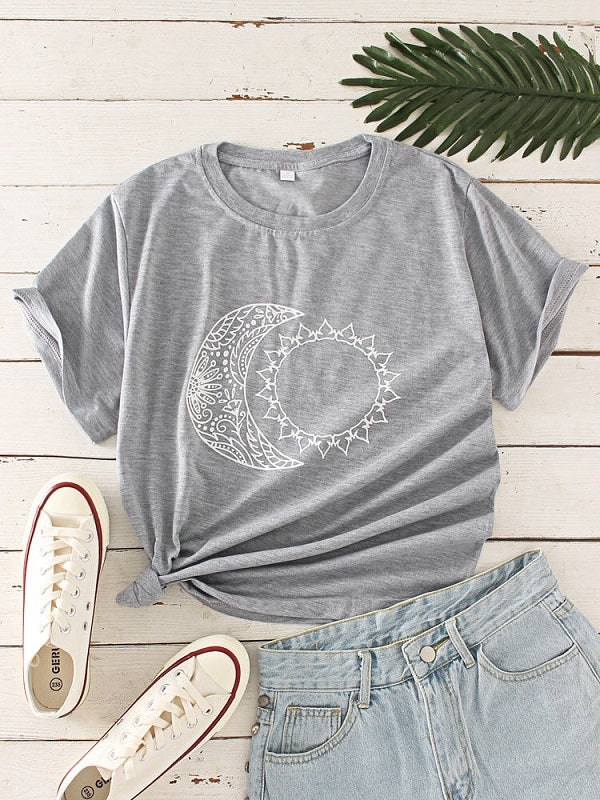 Sun Moon Print O-neck Short Sleeve Casual T-Shirt Mssza