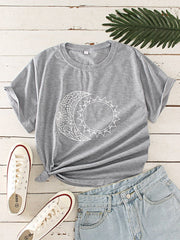 Sun Moon Print O-neck Short Sleeve Casual T-Shirt Mssza