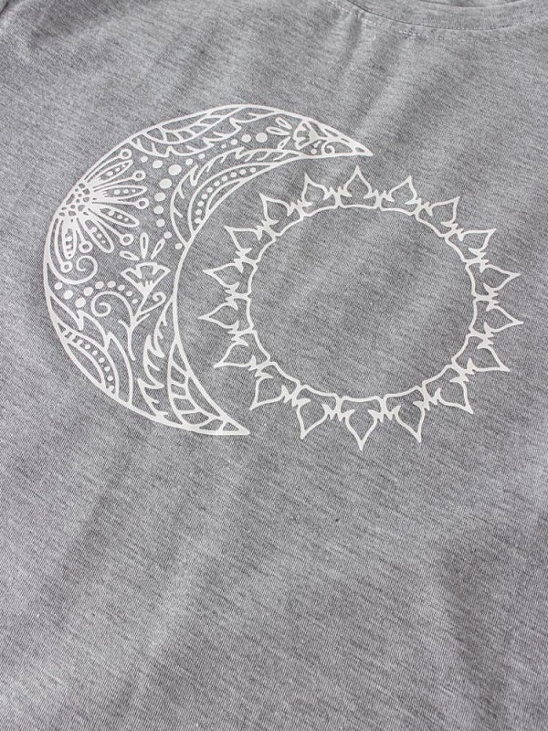 Sun Moon Print O-neck Short Sleeve Casual T-Shirt Mssza