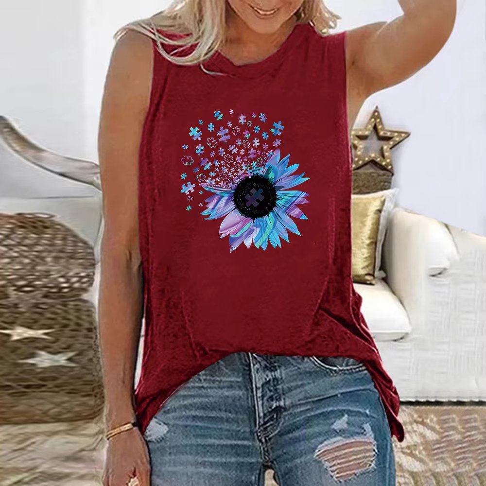 Sunflower Floral 3D Printed Sleeveless O-Neck Vest Tank Tops Mssza
