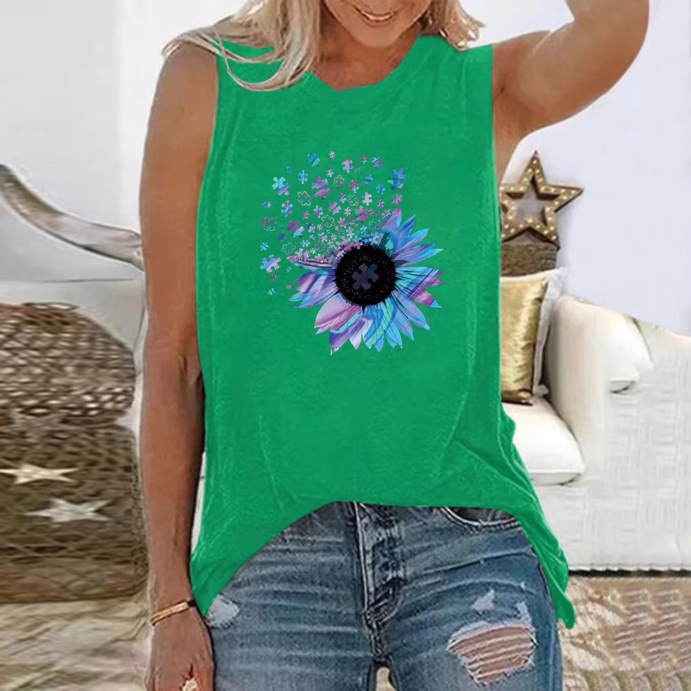 Sunflower Floral 3D Printed Sleeveless O-Neck Vest Tank Tops Mssza