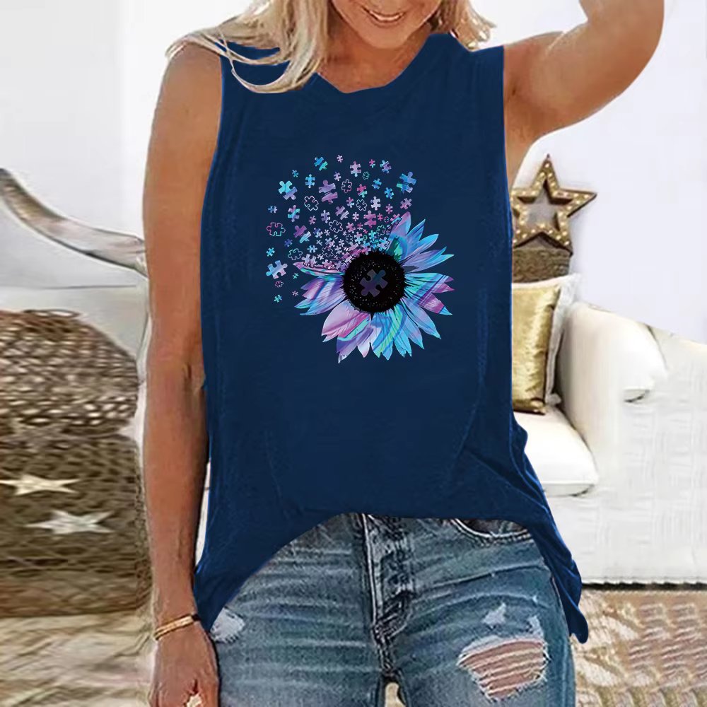 Sunflower Floral 3D Printed Sleeveless O-Neck Vest Tank Tops Mssza