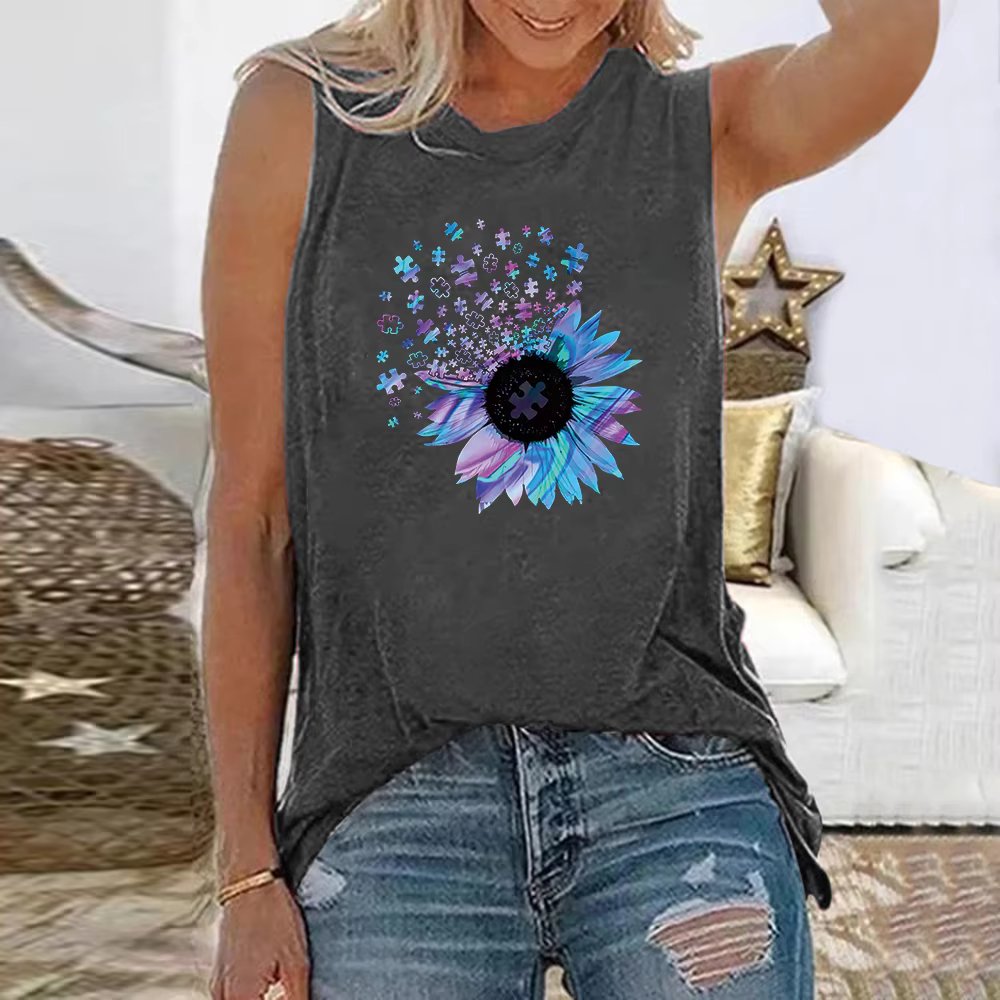 Sunflower Floral 3D Printed Sleeveless O-Neck Vest Tank Tops Mssza