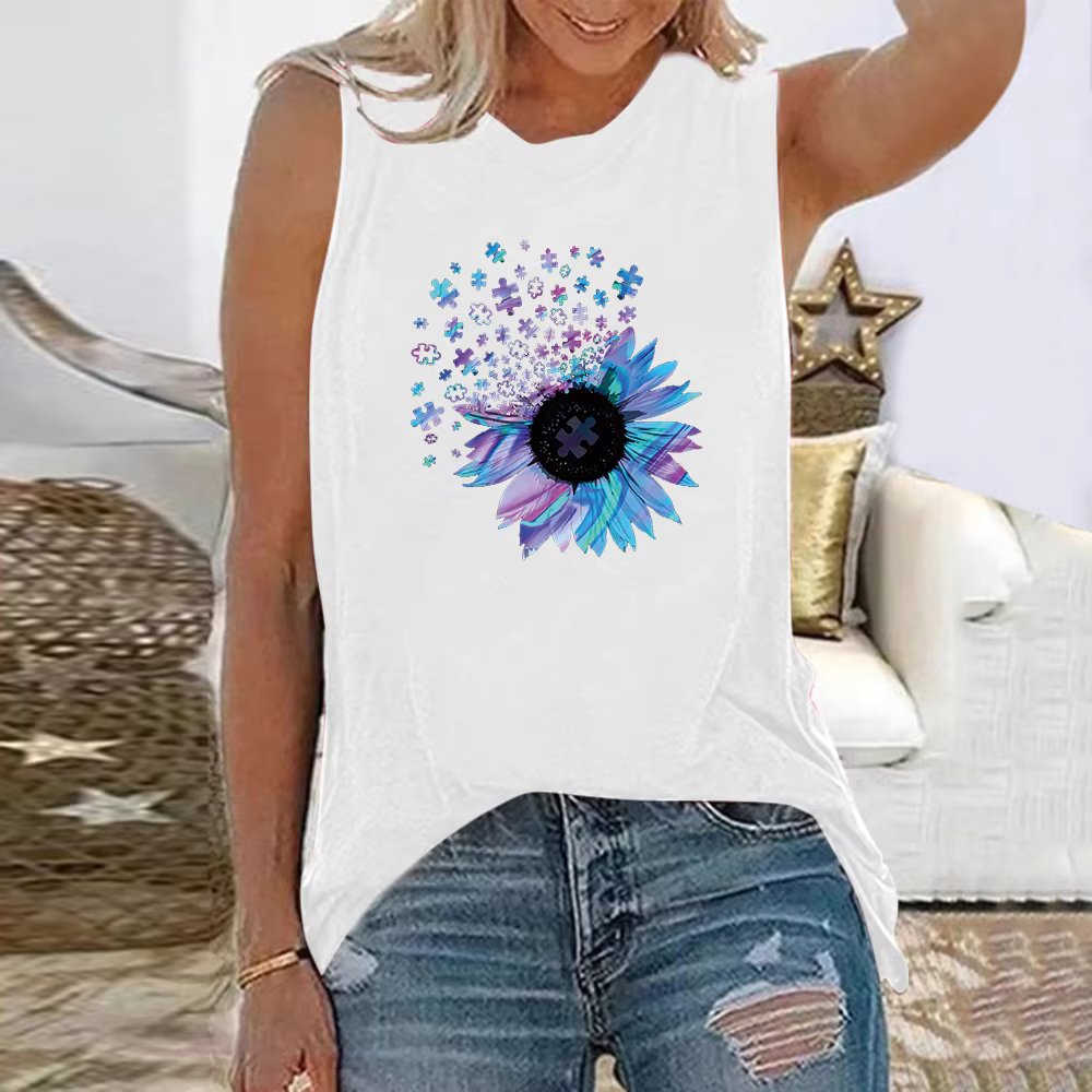 Sunflower Floral 3D Printed Sleeveless O-Neck Vest Tank Tops Mssza