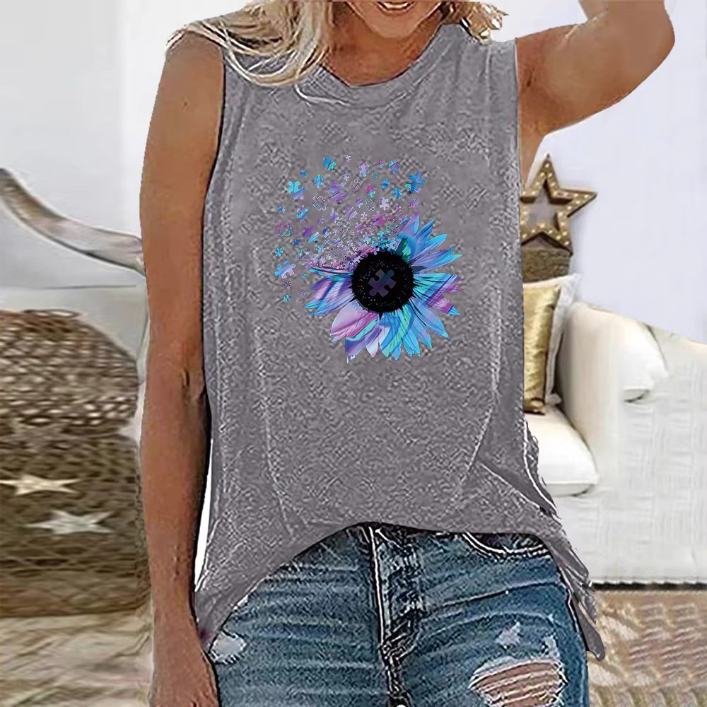 Sunflower Floral 3D Printed Sleeveless O-Neck Vest Tank Tops Mssza