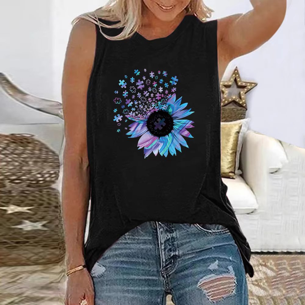 Sunflower Floral 3D Printed Sleeveless O-Neck Vest Tank Tops Mssza