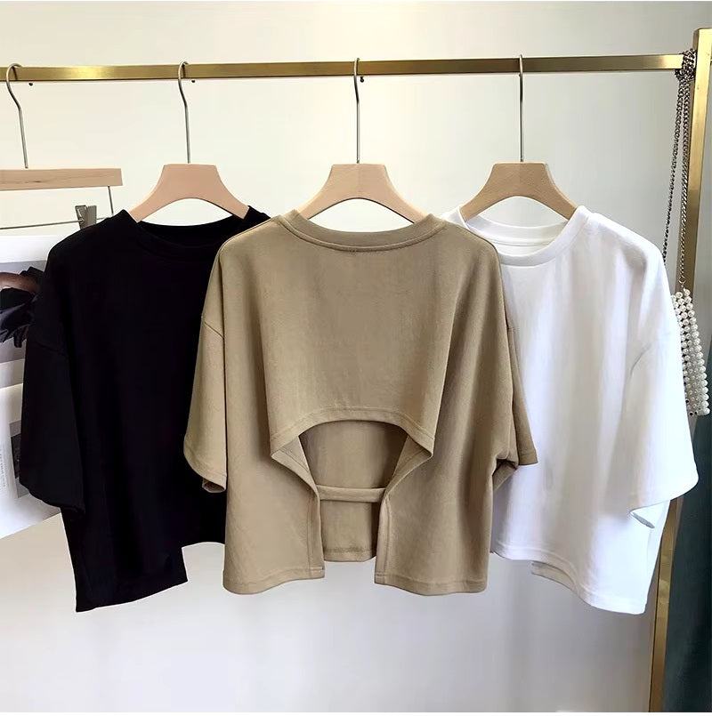 Superior Backless O Neck Solid Color Short Sleeve Tops Mssza