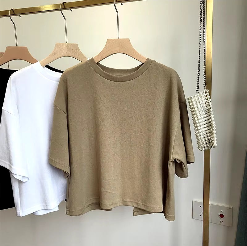 Superior Backless O Neck Solid Color Short Sleeve Tops Mssza
