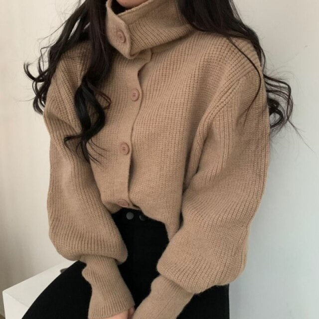 Sweater Turtleneck Single Breasted Cardigan Lapel Long Sleeve Knit Tops Mssza