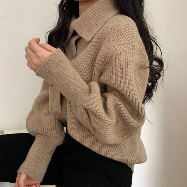Sweater Turtleneck Single Breasted Cardigan Lapel Long Sleeve Knit Tops Mssza