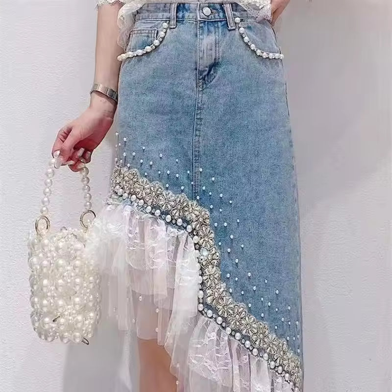 Sweet Bead Pearl Diamond Lace Patchwork Irregular Hem Skirts Mssza