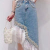 Sweet Bead Pearl Diamond Lace Patchwork Irregular Hem Skirts Mssza