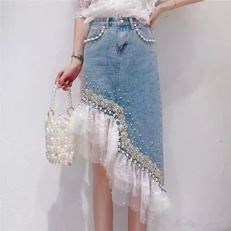 Sweet Bead Pearl Diamond Lace Patchwork Irregular Hem Skirts Mssza