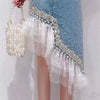 Sweet Bead Pearl Diamond Lace Patchwork Irregular Hem Skirts Mssza