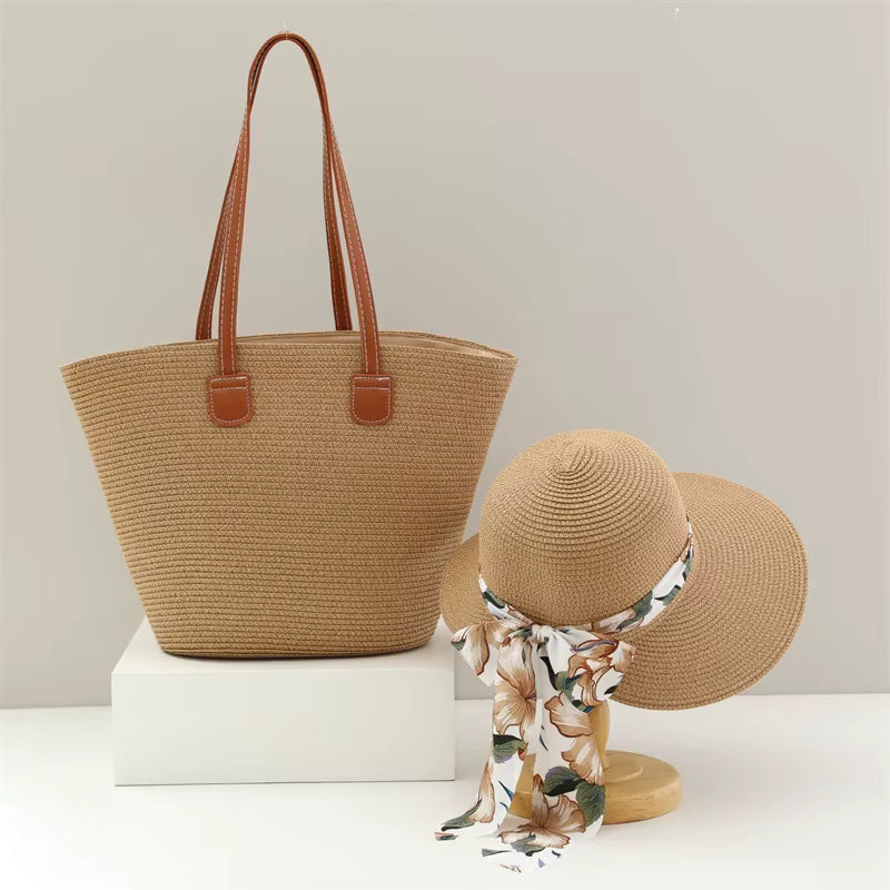 Sweet Chiffon Flower Print Ribbon Bow Large Capacity Straw Bag and Hat Tow-pieces Set Mssza