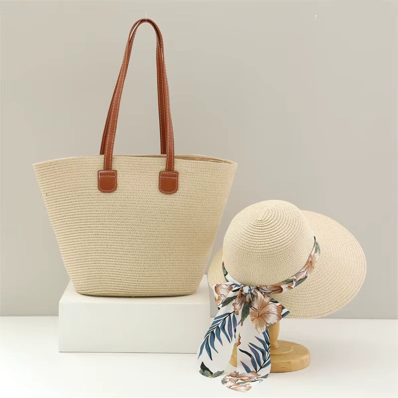 Sweet Chiffon Flower Print Ribbon Bow Large Capacity Straw Bag and Hat Tow-pieces Set Mssza