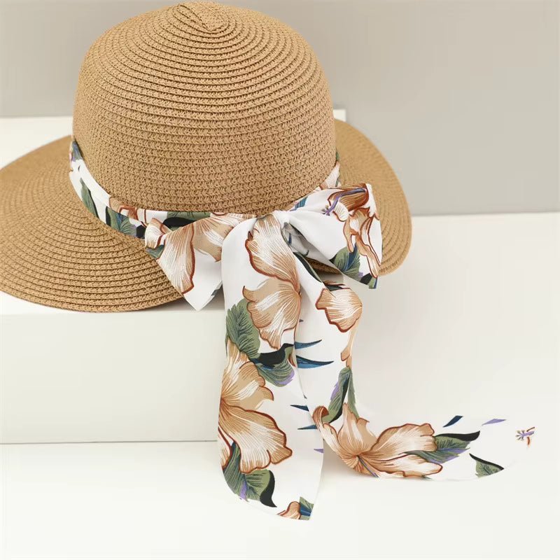 Sweet Chiffon Flower Print Ribbon Bow Large Capacity Straw Bag and Hat Tow-pieces Set Mssza