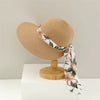Sweet Chiffon Flower Print Ribbon Bow Large Capacity Straw Bag and Hat Tow-pieces Set Mssza
