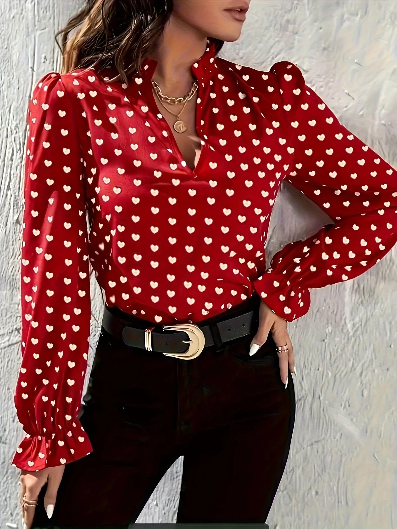 Sweet Design Stand-Up Collar Heart-Shaped Slim Fit Printed Shirt Mssza