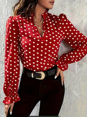 Sweet Design Stand-Up Collar Heart-Shaped Slim Fit Printed Shirt Mssza