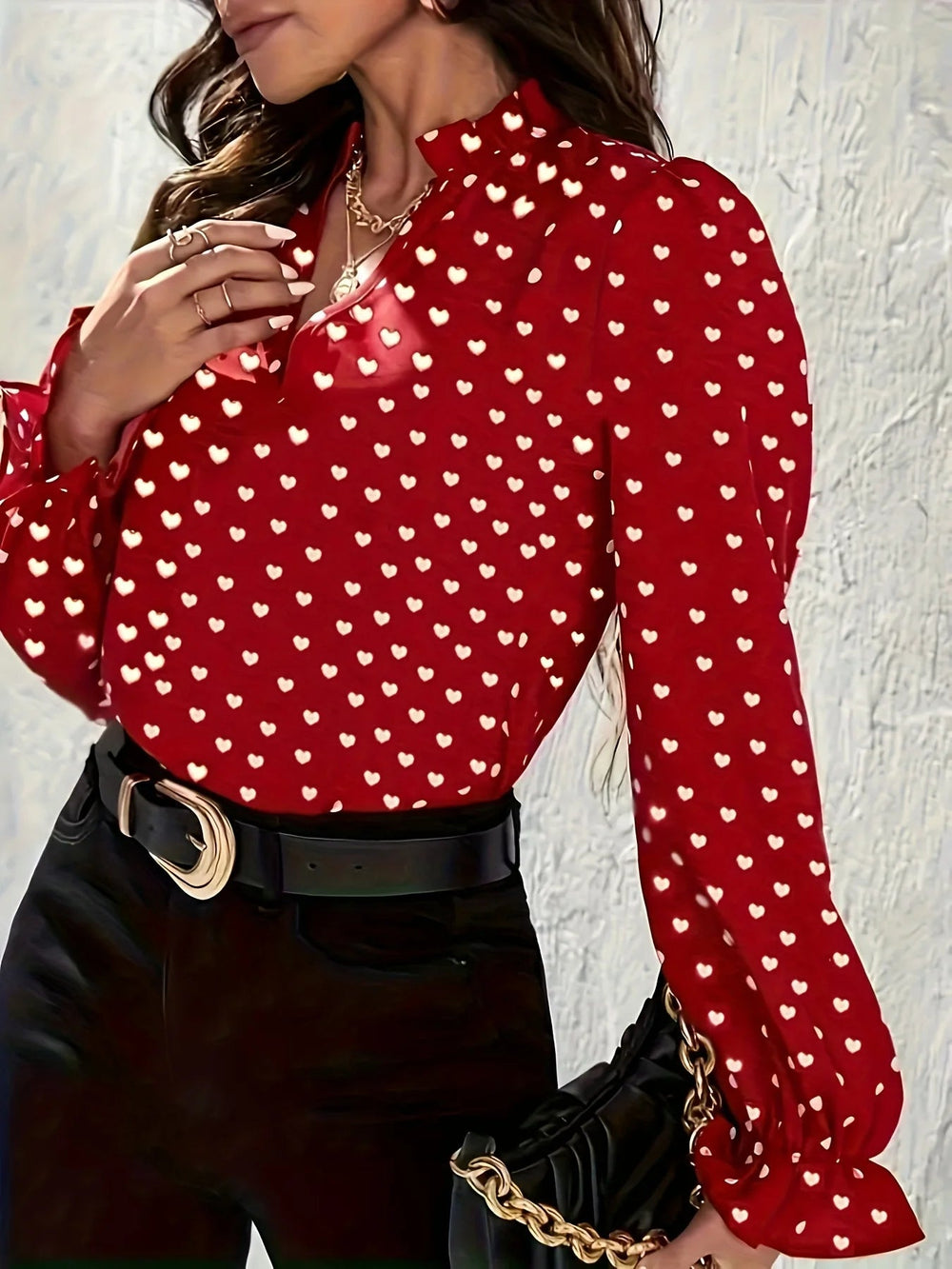 Sweet Design Stand-Up Collar Heart-Shaped Slim Fit Printed Shirt Mssza