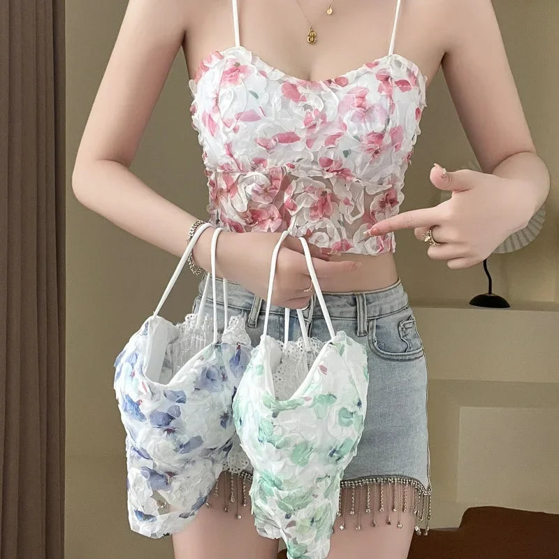 Sweet Floral Corset Vest Beach Style Sleeveless Lace Blouse Mssza