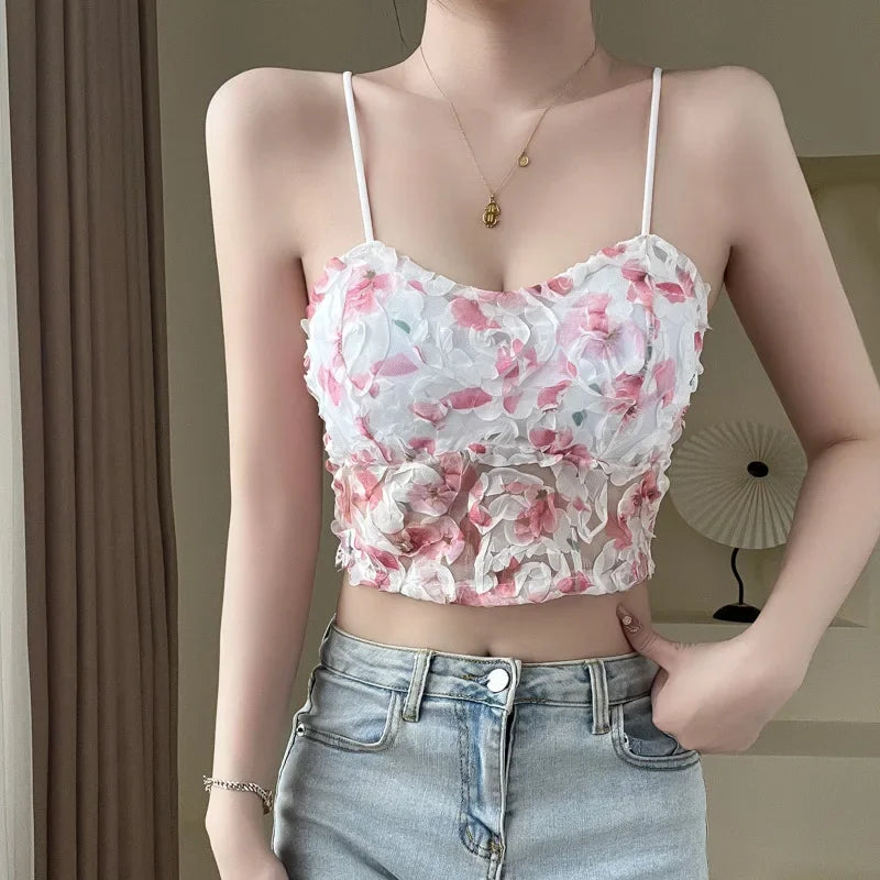 Sweet Floral Corset Vest Beach Style Sleeveless Lace Blouse Mssza