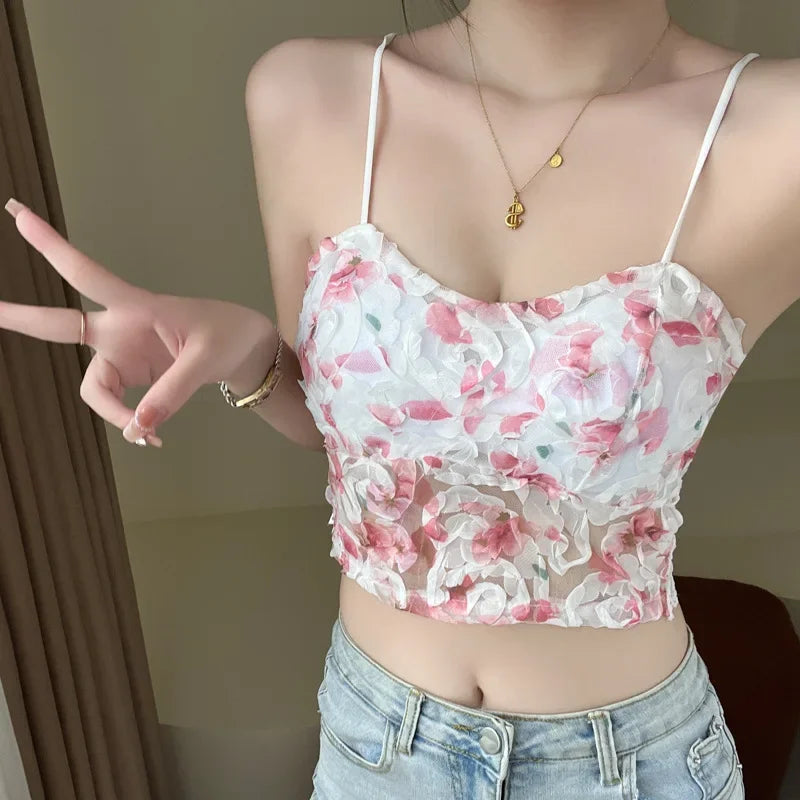 Sweet Floral Corset Vest Beach Style Sleeveless Lace Blouse Mssza