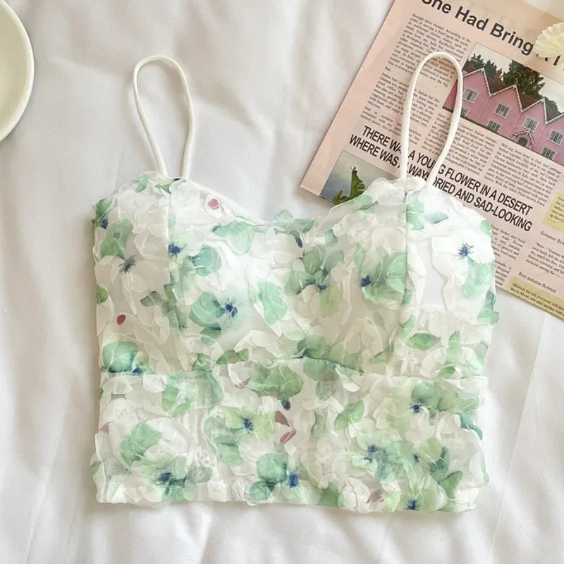 Sweet Floral Corset Vest Beach Style Sleeveless Lace Blouse Mssza