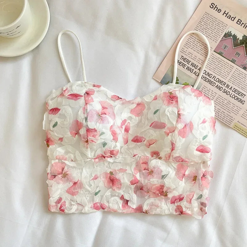 Sweet Floral Corset Vest Beach Style Sleeveless Lace Blouse Mssza