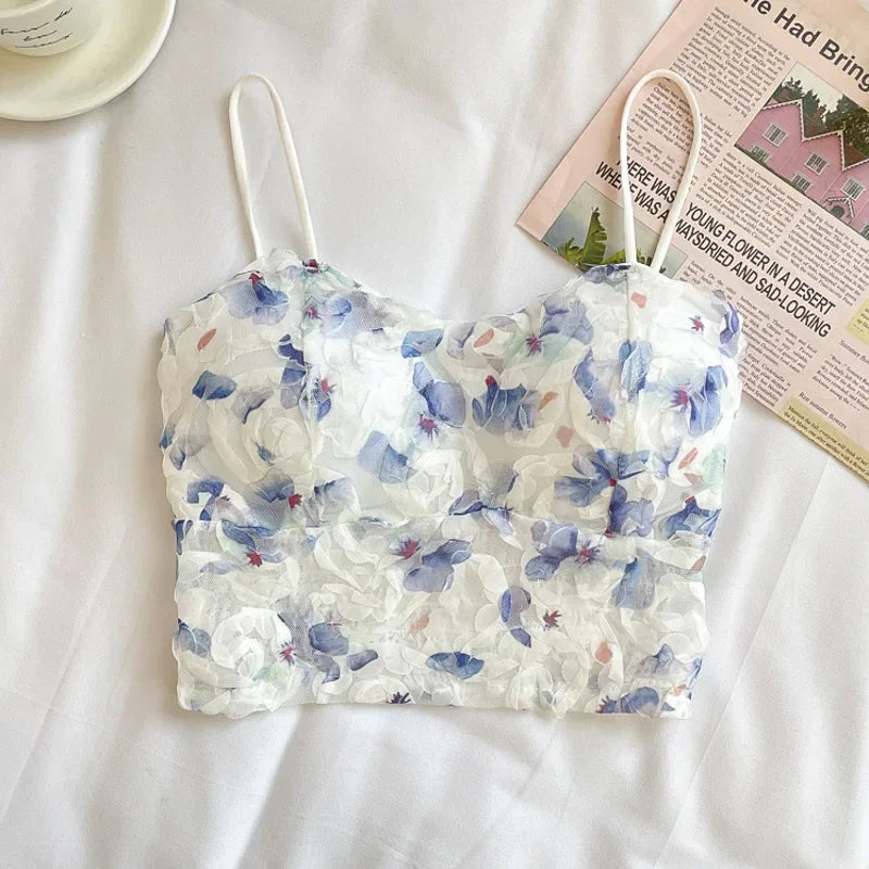 Sweet Floral Corset Vest Beach Style Sleeveless Lace Blouse Mssza
