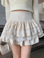 Sweet Mini Cake Skirt High Waist Casual Ruffles Lace Patchwork Lolita A-line Skirt Mssza