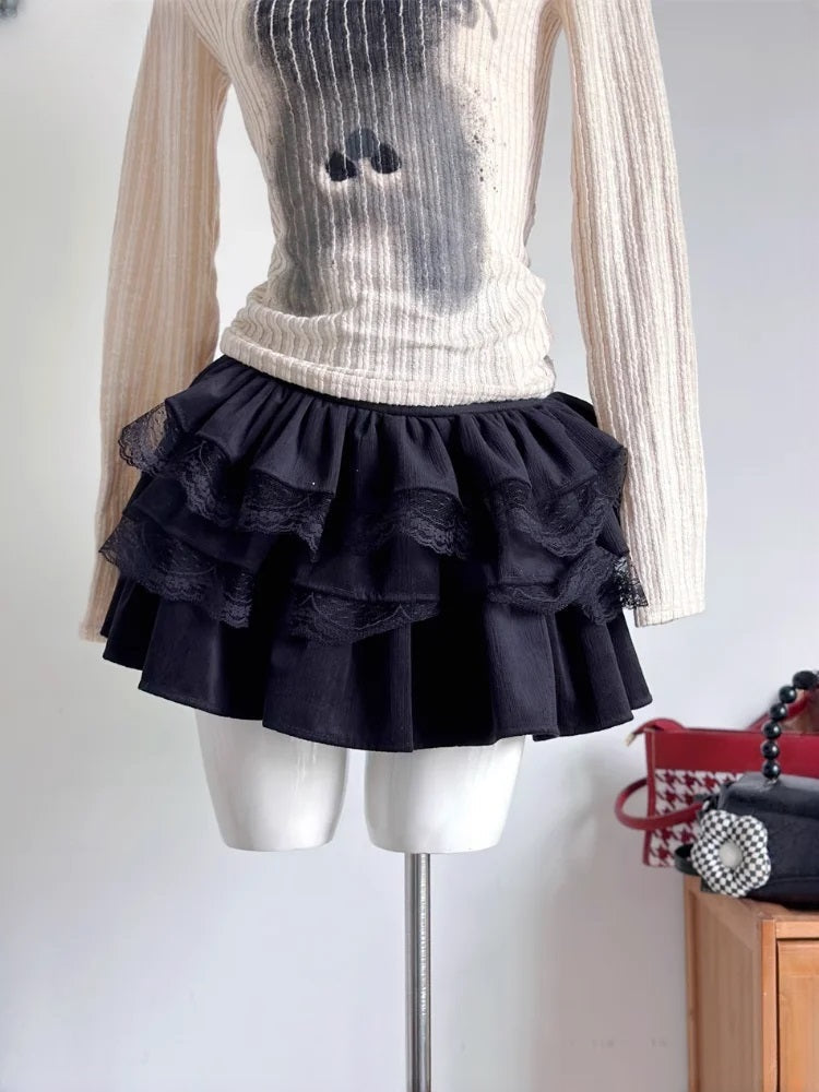 Sweet Mini Cake Skirt High Waist Casual Ruffles Lace Patchwork Lolita A-line Skirt Mssza