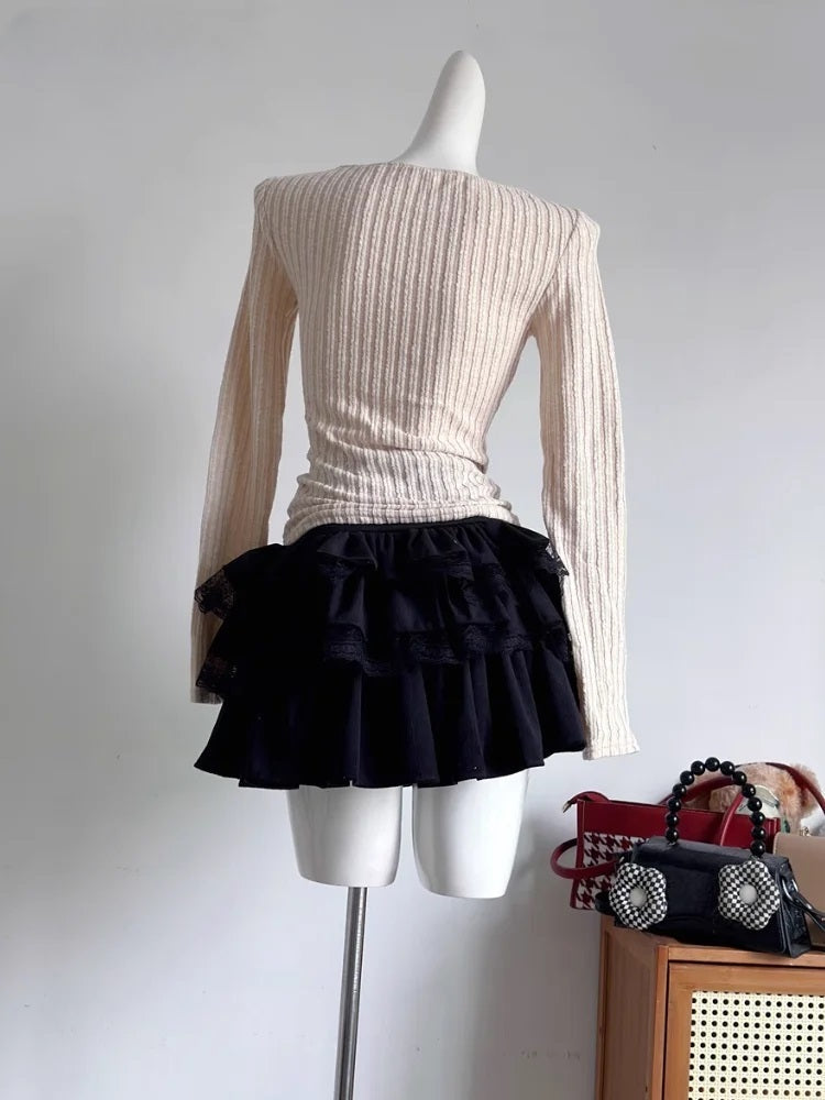 Sweet Mini Cake Skirt High Waist Casual Ruffles Lace Patchwork Lolita A-line Skirt Mssza