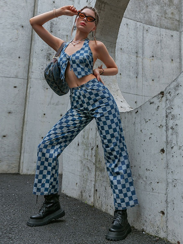 Sweetheart Neck Plaid Pattern Lace Up Cami Top Pants Outfit Mssza