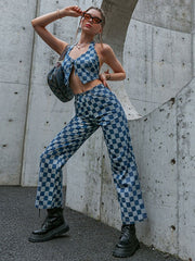 Sweetheart Neck Plaid Pattern Lace Up Cami Top Pants Outfit Mssza