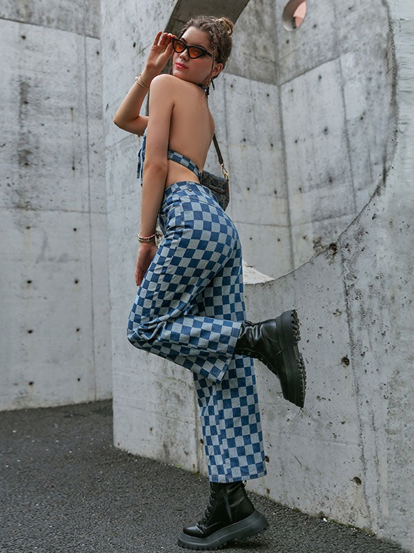 Sweetheart Neck Plaid Pattern Lace Up Cami Top Pants Outfit Mssza