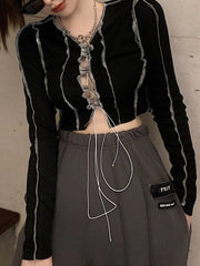 Fashionable Bust Hollow-out Design Long Sleeve Cool T-shirts Mssza