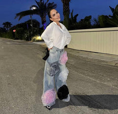 Tassels Colorful Flower Denim Straight High Waist Baggy Wide Leg Pants Mssza