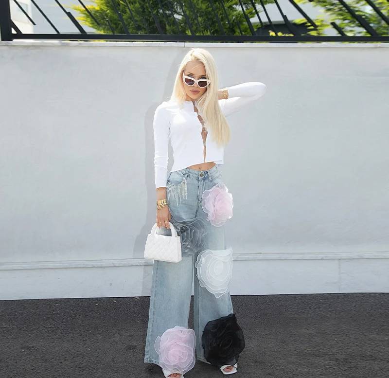 Tassels Colorful Flower Denim Straight High Waist Baggy Wide Leg Pants Mssza