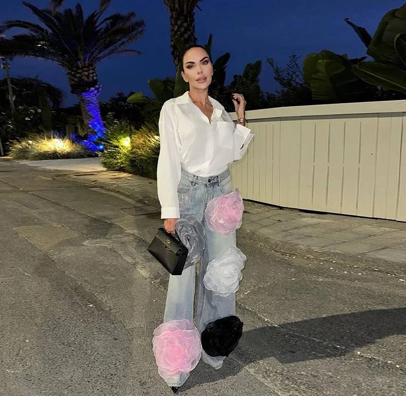 Tassels Colorful Flower Denim Straight High Waist Baggy Wide Leg Pants Mssza