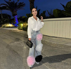 Tassels Colorful Flower Denim Straight High Waist Baggy Wide Leg Pants Mssza