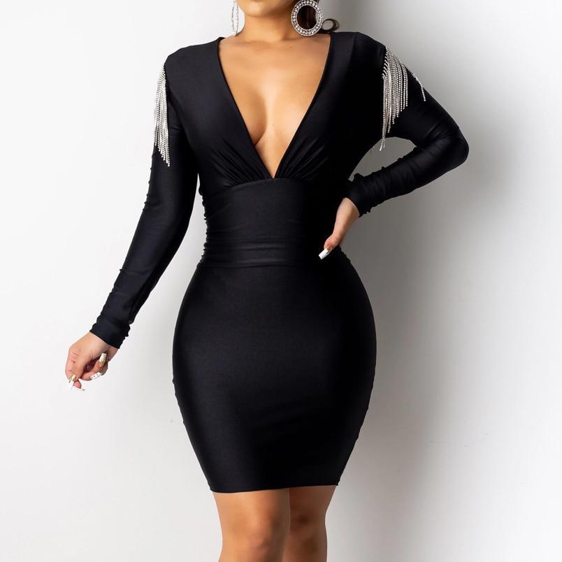 Tassels Detail Designed Plunge Dress  V Neck Long Sleeve Bodycon Dress Winter Solid Tight Waist Party Dresses Mssaz Desses